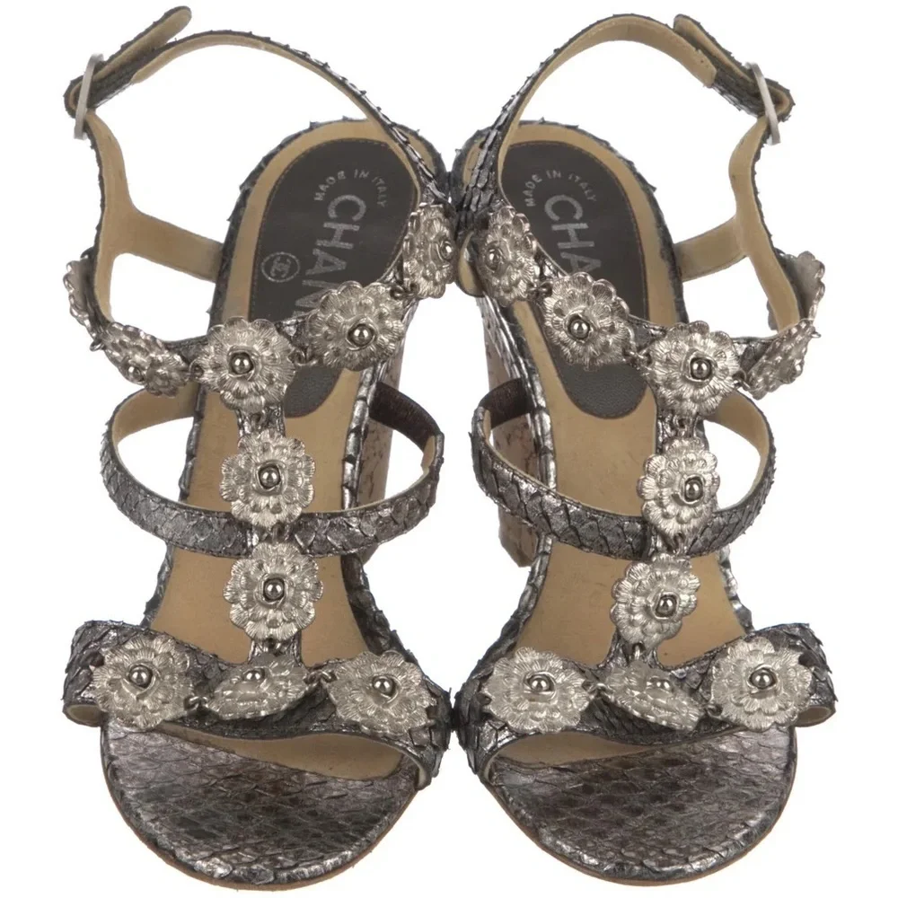 Chanel Interlocking CC Logo Cruise 2012 Python Silver Cork Wedge Sandals